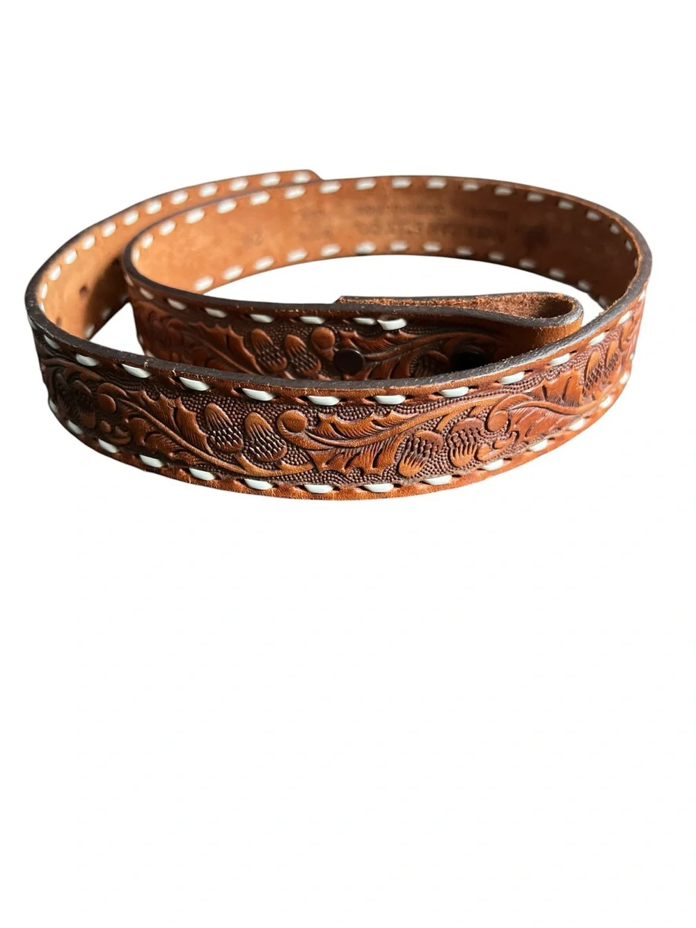American Belt Co Hand-Tooled Leather Belt Strap in Brown with Contrast Stitching